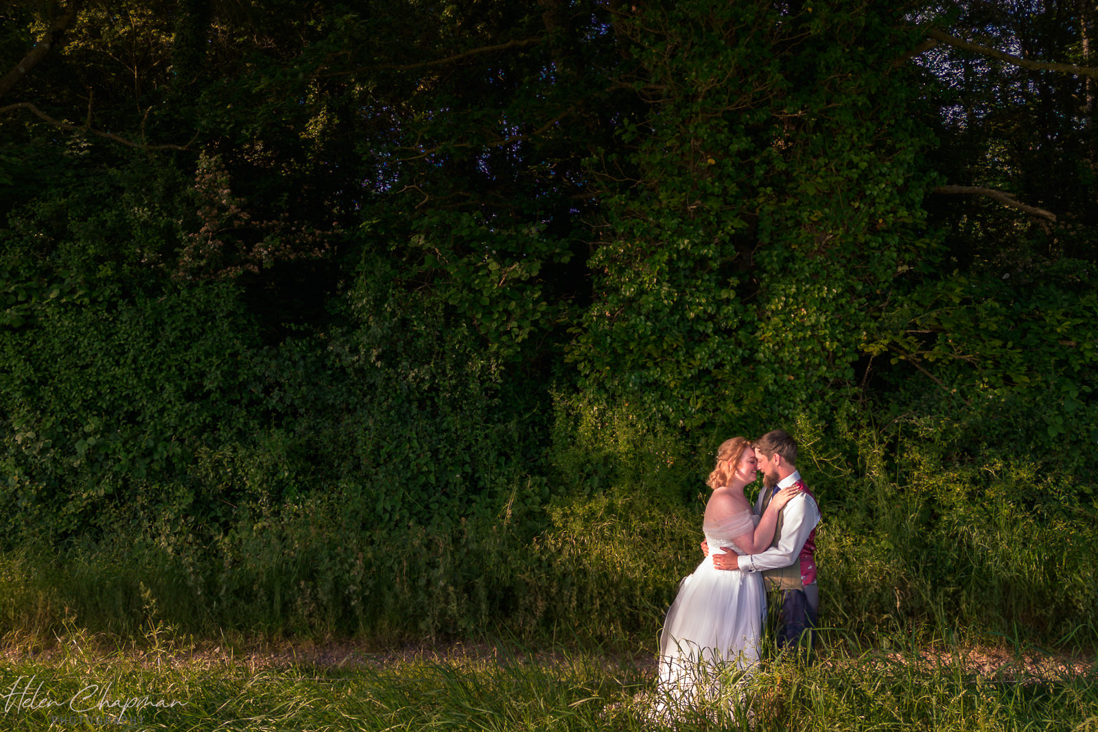 Couple embracing in sunset-lit forest clearing.